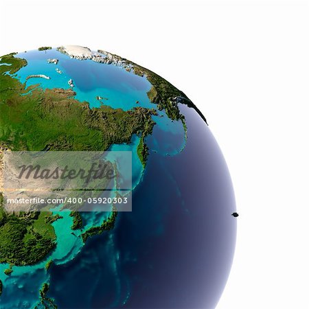 Earth with translucent water in the oceans and the detailed topography of the continents. A fragment of the Far East. Isolated on white
