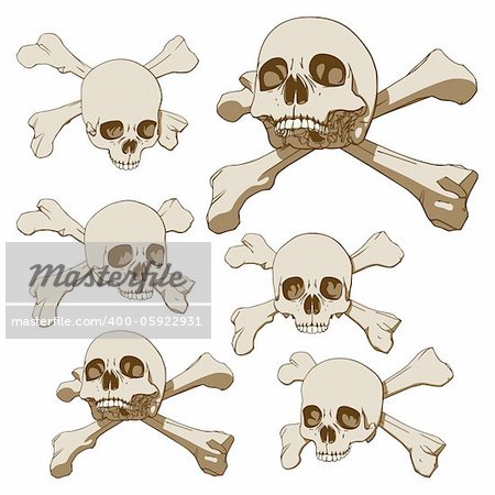 Set of five drawings of human skull with crossbones. Vector illustration