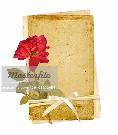 Old cards and dried rose for scrapbooking design. Object isolated over white