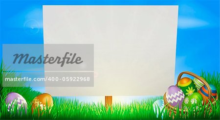 Easter background sign in middle of field with Easter eggs and basket