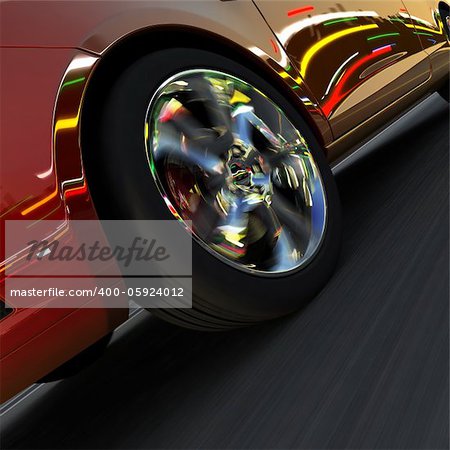A fragment of a dynamic racing car. On the surface of the car and light-alloy wheels reflect the dynamic lights of evening city