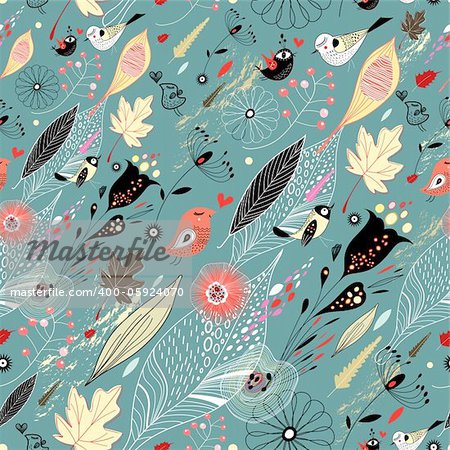 seamless pattern of autumn leaves and birds on a blue background