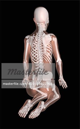 3D render of a female medical skeleton in a yoga position