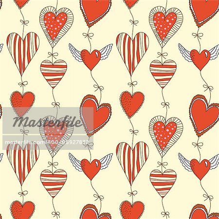 Seamless cartoon romantic pattern with hearts on ropes with bows