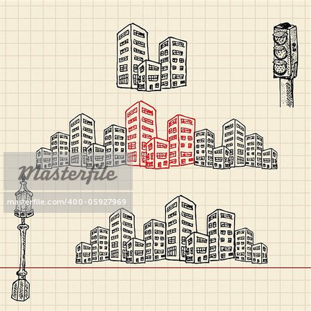 Cityscape, sketch set, vector illustration, eps10