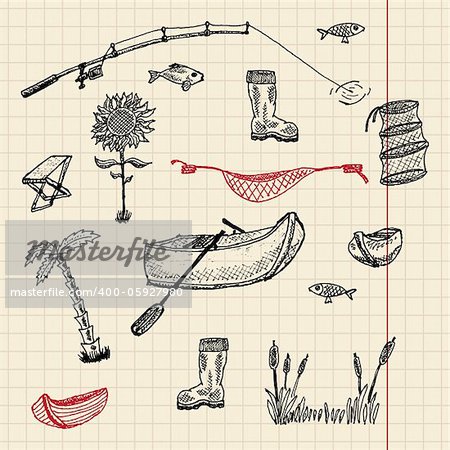 Sketch fishing set, vector illustration, eps10