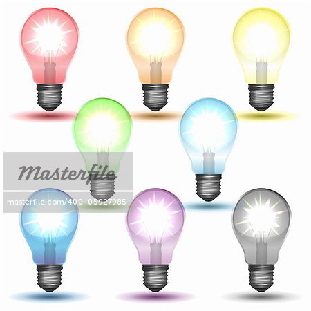 Color set of glowing bulbs with shadows, vector illustration, eps10, easy editable