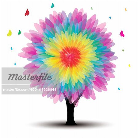 vector tree with flower and butterflies on white