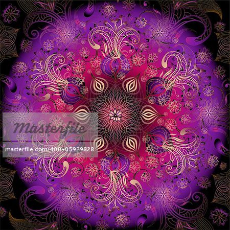 Violet, purple and black round floral frame with filigree gold flowers (vector)