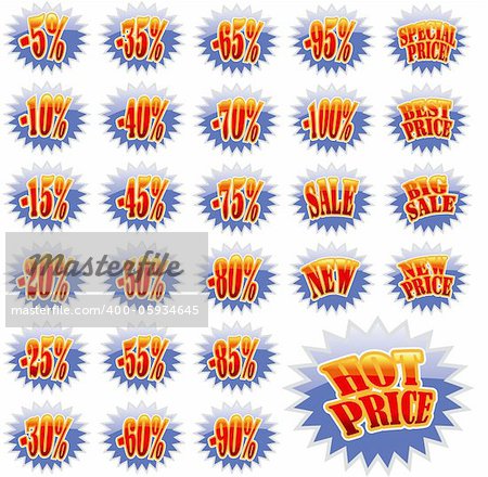 Set of Blue discount label stars with red text