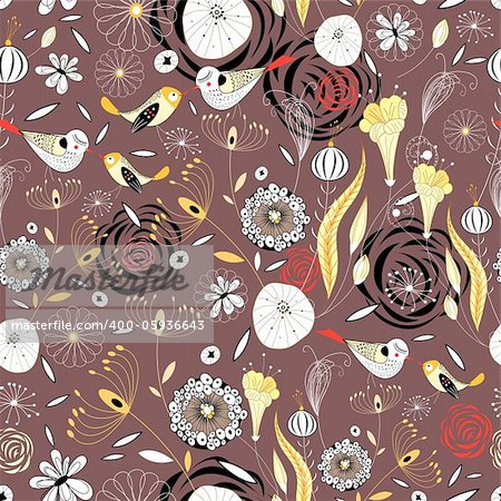 Seamless floral pattern with birds on the burgundy background
