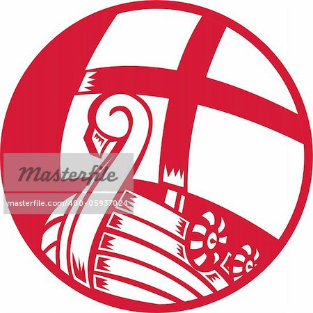 illustration of a Viking boat ship with cross on sail and shield set inside circle