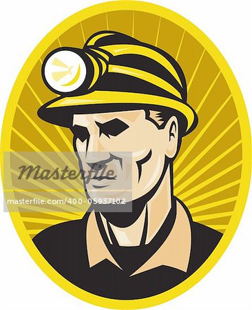 illustration of a coal miner with hardhat facing front set inside oval with sunburst on isolated background
