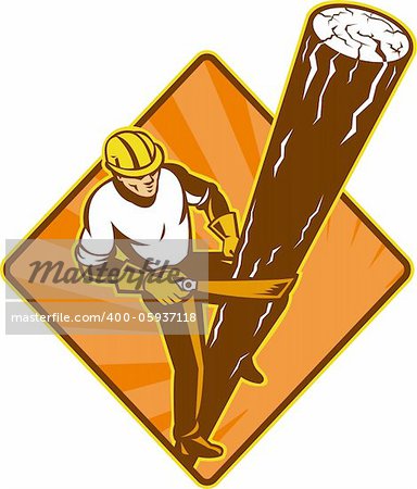 illustration of a power lineman electrician repairman worker at work climbing electric utility pole set inside diamond on isolated background viewed from a high angle