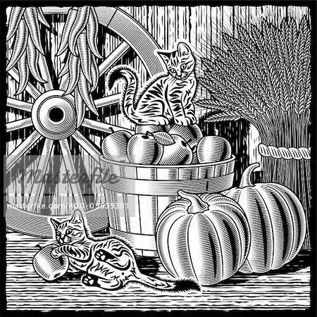 Kittens play in a barn with harvest. Black and white vector illustration in woodcut style with clipping mask.