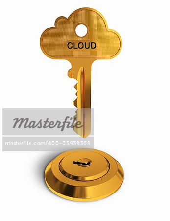 Cloud gold key on white  background - the shape of the key represent a cloud computing symbol - Conceptual image for access to new technologies.