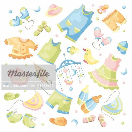vector set of baby clothing and accessories