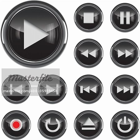 Black glossy multimedia control button/icon set. Vector illustration