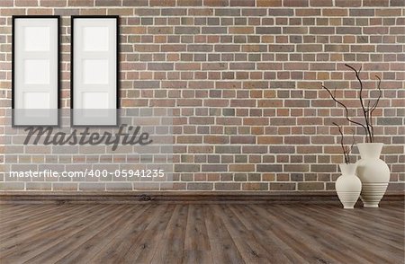 empty vintage room with brick wall and old parquet -rendering