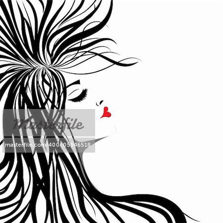 Woman silhouette lip shaped in heart. Girl with long hair on white background. Vector tatoo illustration