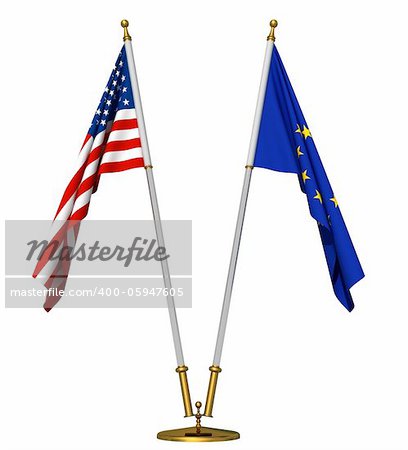 Flags of USA  and European union on golden pedestal isolated on white