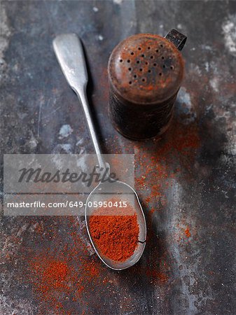 Spoonful of paprika spice on countertop