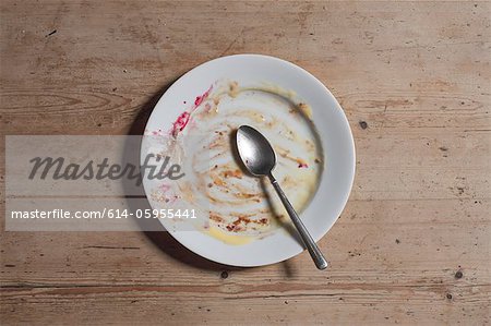 Remains of eaten pudding on plate