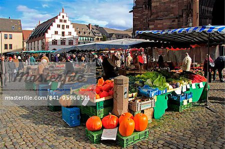 Marché à la place de la cathédrale (tube), Fribourg, Bade-Wurtemberg, Allemagne, Europe