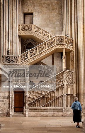 Dame avec le bâton de marche en regardant Booksellers' escalier, cathédrale de Rouen, Rouen, Haute-Normandie, France, Europe