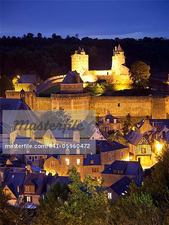 Castle and old town at night, Fougeres, Brittany, France, Europe