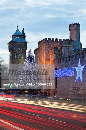 Cardiff Castle with Christmas lights and traffic light trails, Cardiff, South Wales, Wales, United Kingdom, Europe