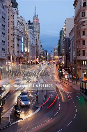 The Gran Via at dusk, Madrid, Spain, Europe