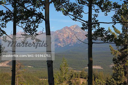 Blick auf den Pyramid Mountain durch Bäume, Jasper Nationalpark, UNESCO Weltkulturerbe, British Columbia, Kanada, Nordamerika