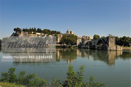 Pont Saint-Benezet and Avignon city viewed from across the River Rhone, Avignon, Provence, France, Europe