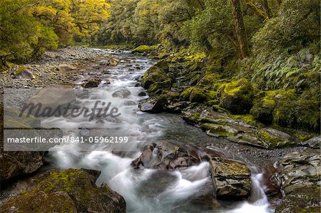 Rocky river flowing through Fiordland, South Island, New Zealand, Pacific