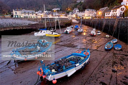 Low tide in Lynmouth Harbour in the evening, Exmoor National Park, Devon, England, United Kingdom, Europe