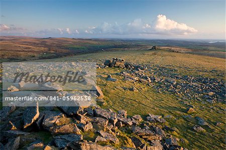 Dartmoor moorland in golden evening light, Great Staple Tor, Dartmoor, Devon, England, United Kingdom, Europe