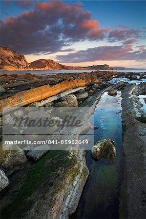 Late evening sunlight glows on the rock ledges at Mupe Bay, Jurassic Coast, UNESCO World Heritage Site, Dorset, England, United Kingdom, Europe