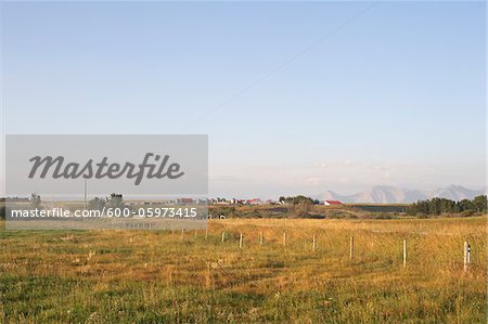 Prärie-Farm und Felder, Rocky Mountains im Abstand, Utopia Farm, Pincher Creek, Alberta, Kanada Prärie-Farm und Felder, Rocky Mountains im Abstand, Utopia Farm, Pincher Creek, Alberta, Kanada