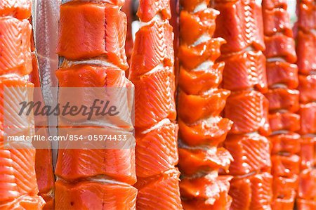 Subsistance caught Bristol Bay Sockeye salmon drying on a rack, Iliamna, Southwest Alaska, Summer