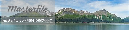 Composite panorama of Resurrection Bay, Seward, and Mount Marathon and the Kenai Mountains on the Kenai Peninsula in Southcentral Alaska. Summer. Afternoon.