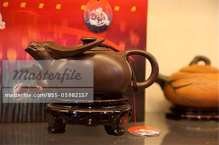 Different shapes of tea kettle for sale in the teahouse, Chaozhou, China