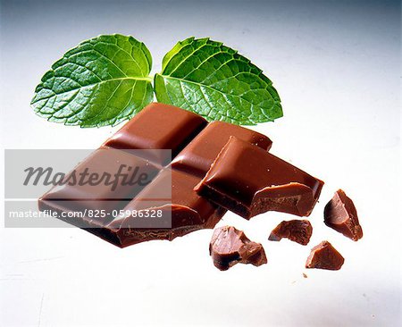Squares of milk chocolate with mint leaves