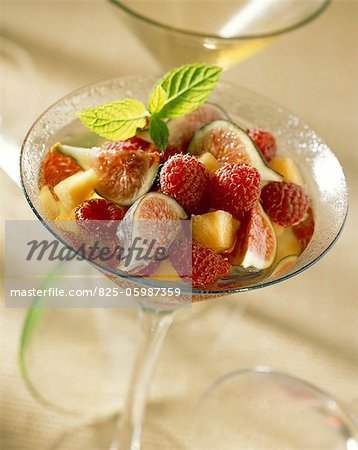 Chilled figs,raspberries and melon with Champagne