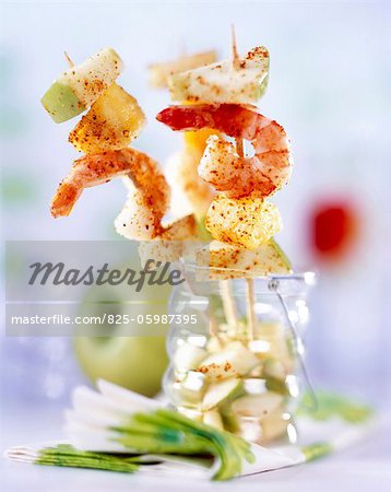 Apple, shimp and paprika skewers