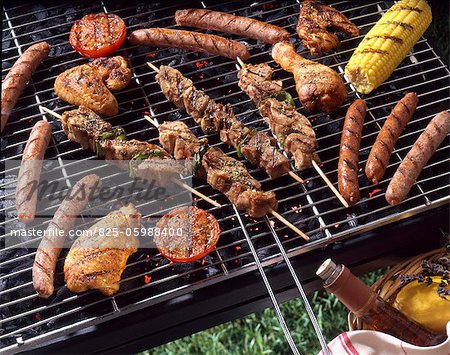Barbecue grill avec viande et brochettes Barbecue grill avec viande et brochettes