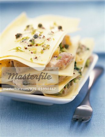 tuna, broccoli and mango lasagne with caper and mustard condiment