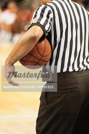 Basketball referee holding basketball, rear view