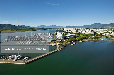 Australia, Queensland, Cairns.  Aerial view of Marlin Marina with Trinity Inlet in background.