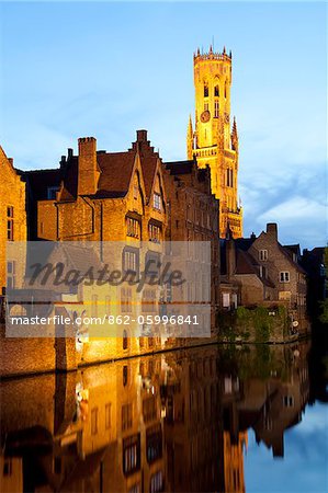 Rozenhoedkaai Quay of the rosary with Belfort tower, Bruges, Brugge, Flanders, Belgium, UNESCO World Heritage Site